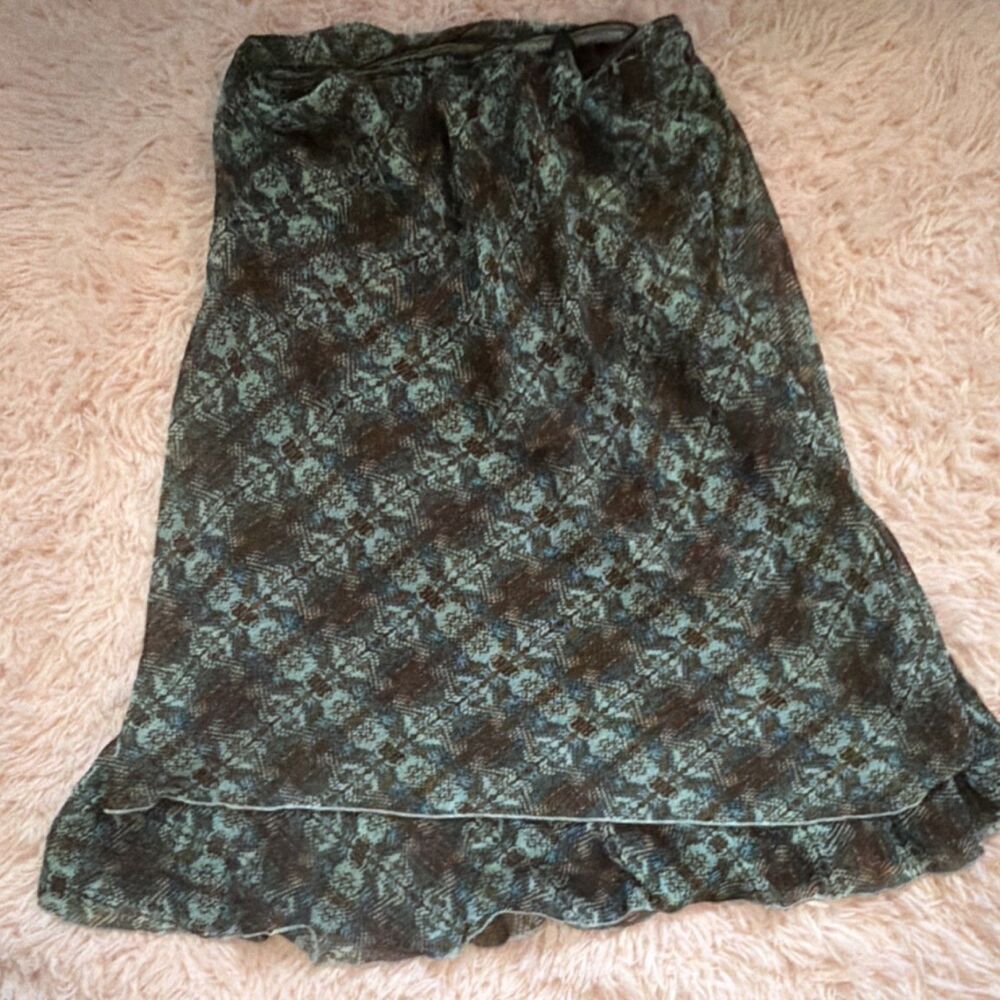Vintage Skirtology Flowy Midi Skirt, Boho Tiered Ruffles Brown Blue Geometric